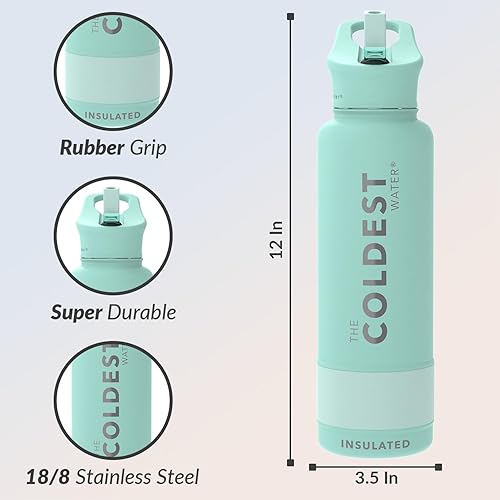 Miniatura 98 de Coldest - Botella de agua deportiva con tapa con popote y asa, a prueba de fugas, de acero inoxidable con aislamiento al vacío de doble pared,