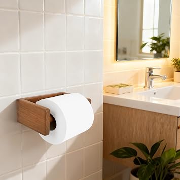 Teak Wood Wall Mounted Toilet Paper Holder,Wooden Toilet Paper Holder,Adhesive Bathroom Tissue Holder,Wood Toilet Paper Roll Holder Tissue Holder for Bathroom