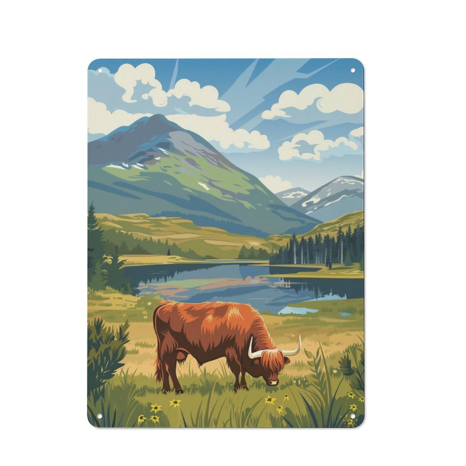 Cottage Tin Sign 40x30cm Featuring Highland Cow in Mountain Landscape, Porch Wall Decor for Shed, Garden Room, Porch Or Garage