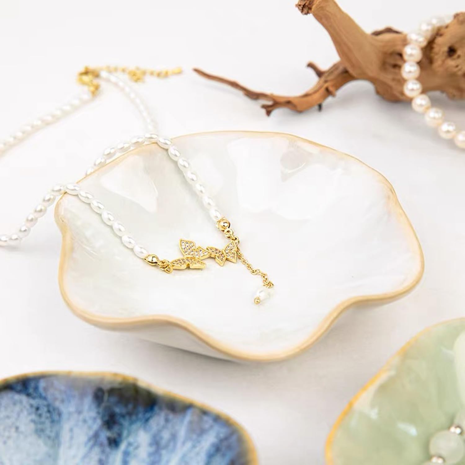 2 Pack Lotus Leaf Shape Ceramic Jewelry Tray - White, Pink image 4