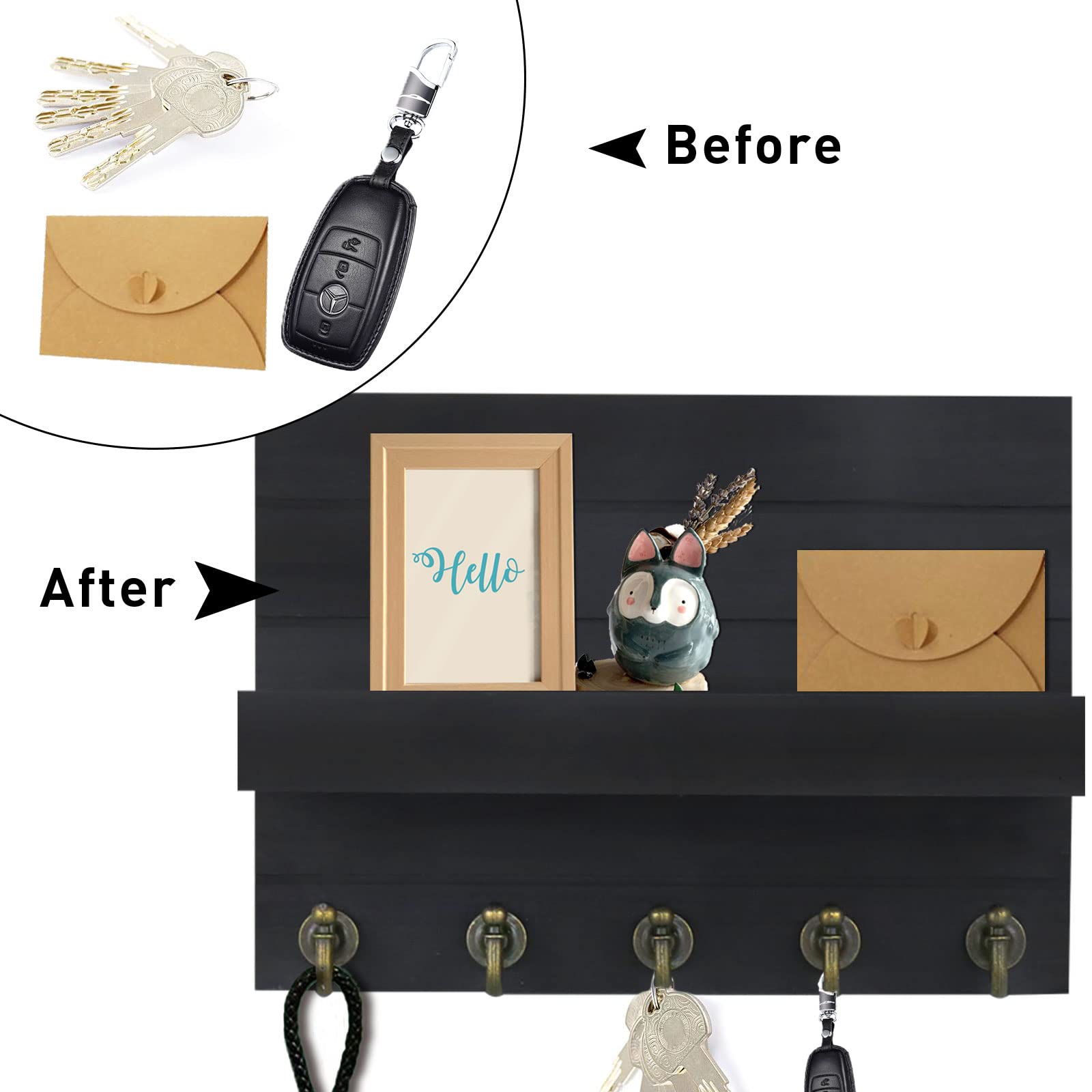 Wood Key Mail Holder Wall-Mounted - Key Holder with 5 Vintage Key Hooks, Key Holder for Wall Decorative, Rustic Key Hanger, Key Rack for Leash, Mail Holder with Shelf for Entryway, Office, Black