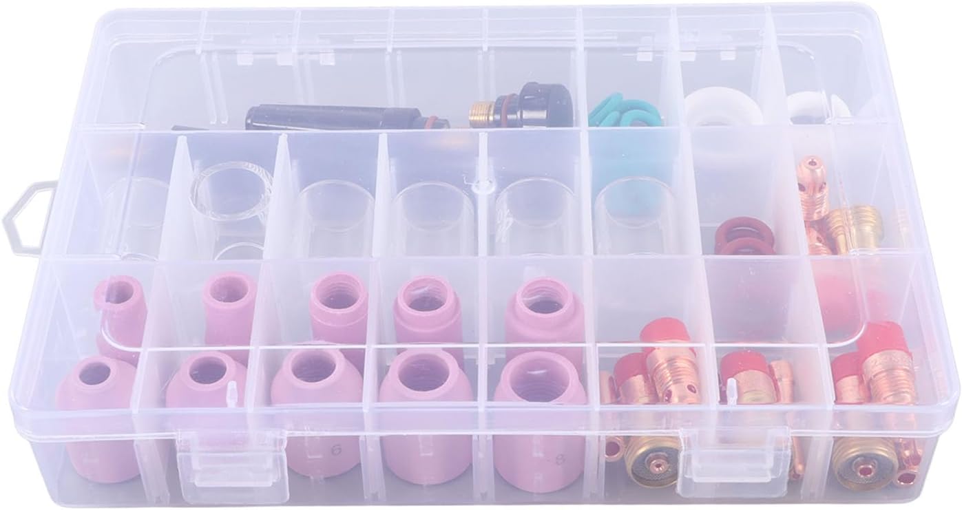 Sorandy 55 Pcs Welding Consumables Set, Ceramic Nozzle Glass Cup Pressure Cap Connectors O Rings Set with Storage Box, for WP17 18 26 Argon Arc Welding Torch