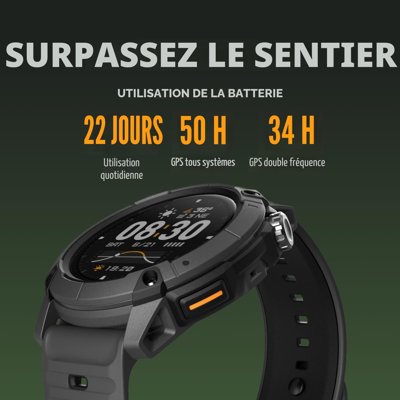 COROS Nomad Montre GPS Outdoor Robuste, écran MIP 1.3"- Gris foncé | Autonomie 22 jours, Cartes préchargées, Micro pour messages vocaux, Montre sport pour la pêche