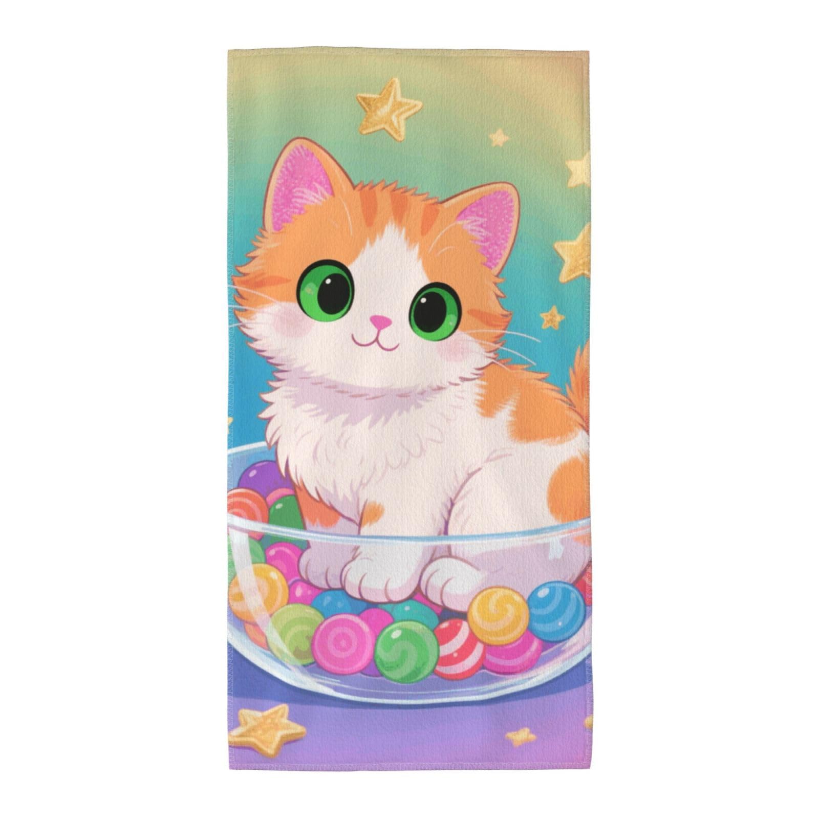 FekiLoot Absorbent Hand Towels 13.8"X27.5" Decorative Bathroom Towel Soft Microfiber Face Towel Lovely Kitten Dish Kitchen Towels for Bathroom Kitchen Hotel Spa Bath Towels
