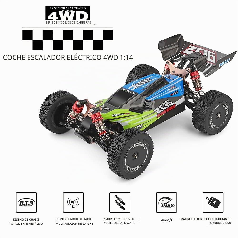 WLtoys 144001 RC Coche 60km/h, 2600mAh Actualización de batería 45 Minutos, 1:14 Vehículo Todoterreno 4WD, Racing ​Offroad Drift de Alta Velocidad Car 3 Pilas (Verde)