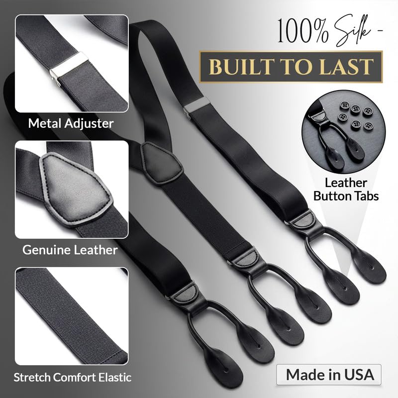 Image of HOLD'EM Tuxedo Suspenders Formal Black 100% Silk Made in USA Button Suspenders for Men Wedding Tux Suspenders for Men