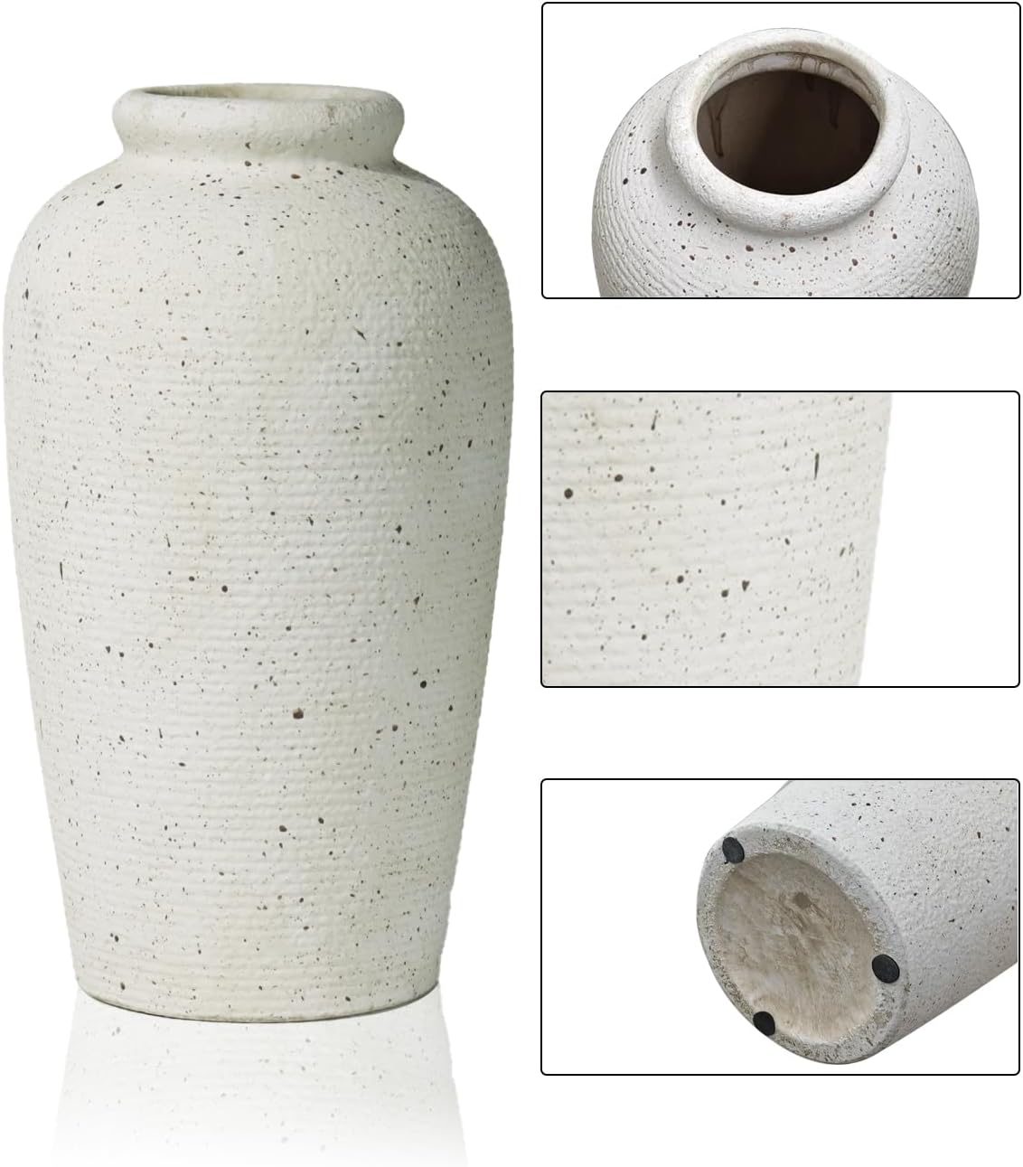 Large Beige Ceramic Rustic Vase, 11 Inch Ribbed Speckled Decorative Farmhouse Tall Vase for Home Decor, Living Room, Entryway, Shelf Decor, Mantel, Table Decoration - Image 3