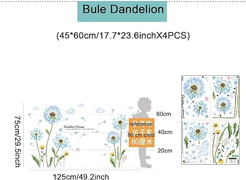 Miniatura 5 de Adhesivo de pared tridimensional 3D de diente de león azul, decoración de pared de mariposa, papel tapiz autoadhesivo floral, calcomanías
