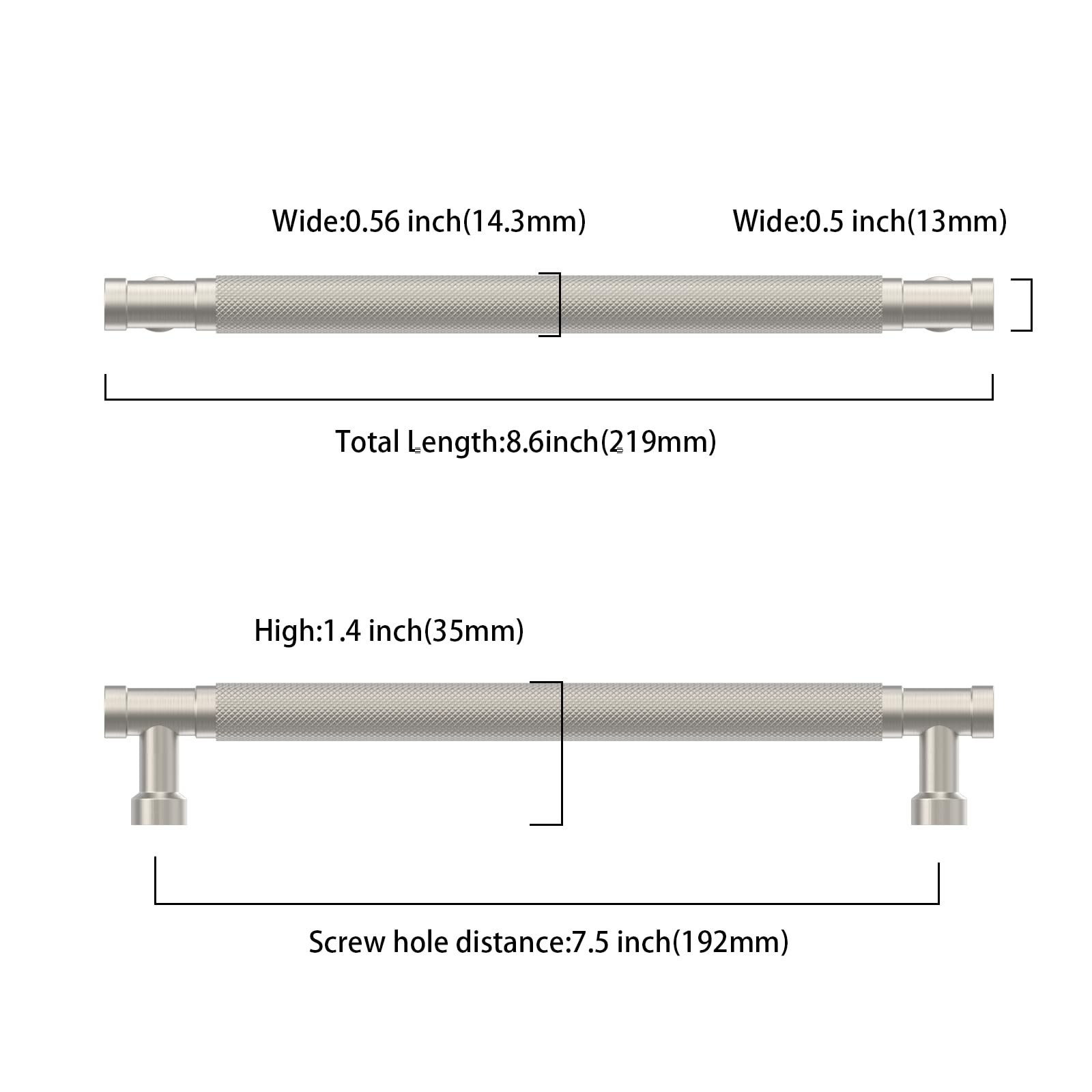 Asidrama Paquete de 10 tiradores de gabinete de níquel satinado cepillado de 7.5 pulgadas (192 mm), manijas moleteadas para gabinetes de cocina, accesorios de gabinete de cocina para tiradores de