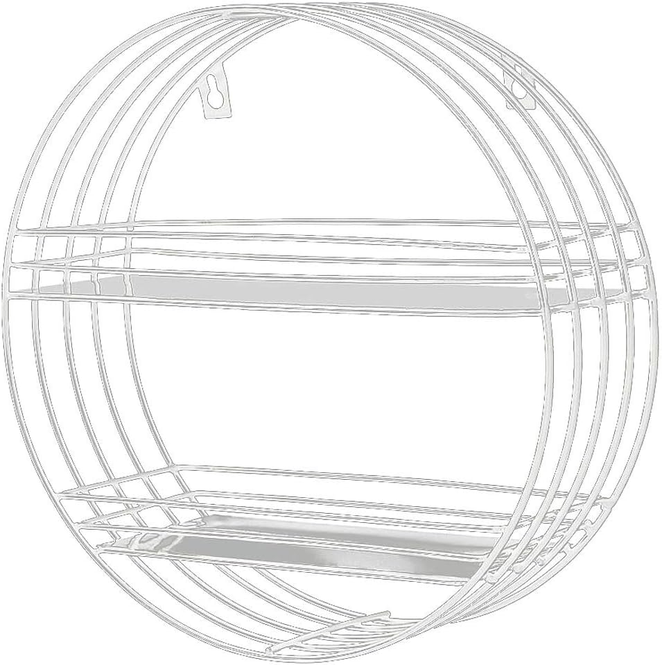 Round Metal Wire Floating Shelf Decorative Wall Hanging Shelf for Living Room, Bedroom, Office (White,30cm 2 Tier)