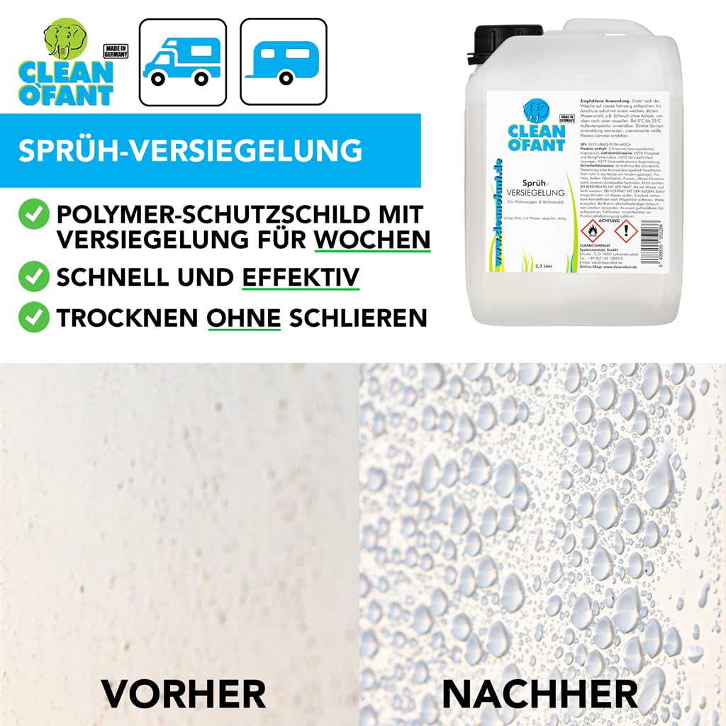CLEANOFANT Sprüh-VERSIEGELUNG | 2,3 Liter | für Wohnwagen Wohnmobil Caravan | Versiegeln von Lack Gelcoat GFK Strukturblech Wabenblech Dach Folie ideal für große Flächen