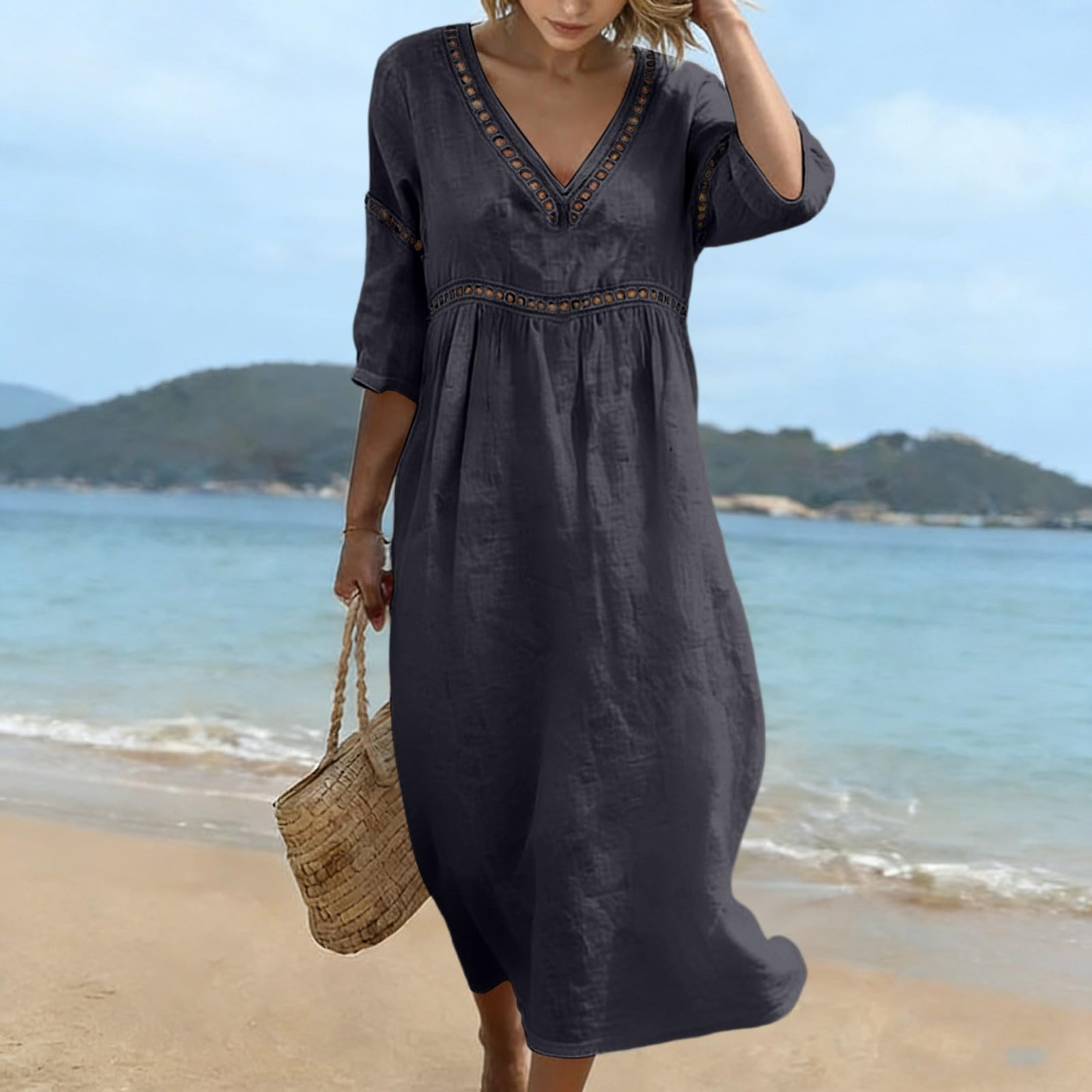 Générique Robe Coton Lin pour Femme Été Fluide Manche 7/8 Chic et Elegant Robes Col V Décontractée Grande Taille Robes Couleur Unie Respirant D'été Boheme de Plage Vacances Maxi Dress