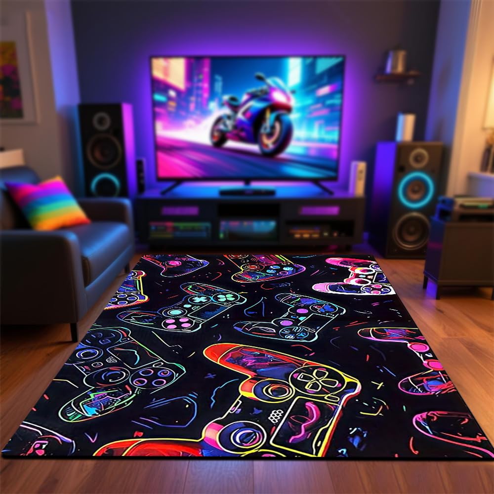 Gaming-Teppich für Jungen-Schlafzimmer, 120 x 160 cm, Gamer-Teppich, bunter Jungen-Schlafzimmer-Teppich, Spiel-Controller-Teppiche für Spielzimmer, Spielzimmer, Heimdekoration, rutschfester