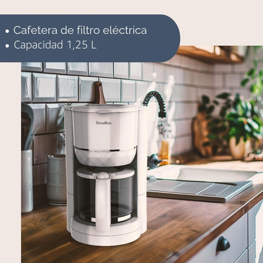 Terraillon – Cafetera de filtro eléctrico DIAMANTE BLANCO – Jarra de cristal – 980 W – Capacidad 1,25 L – Mantiene el calor – Indicador de nivel de agua – Función antigoteo – Base en relieve efecto