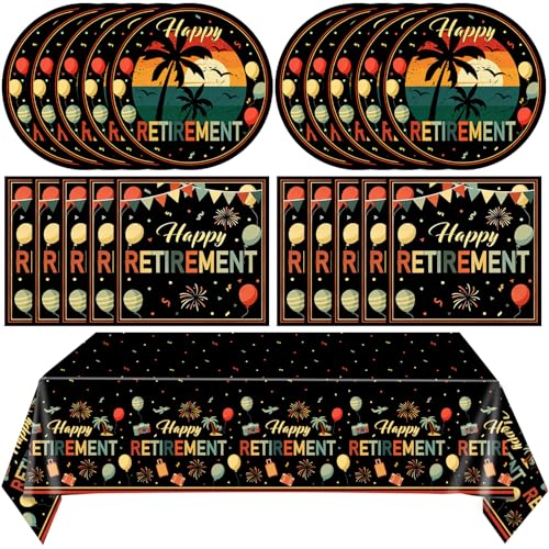 Retirement Party Decorations for Men Women 41Pcs Vintage Retirement Party Supplies Dessert Plate Napkins and Tablecloth Happy Retirement Tableware Set for farewell decorations party Serves 20