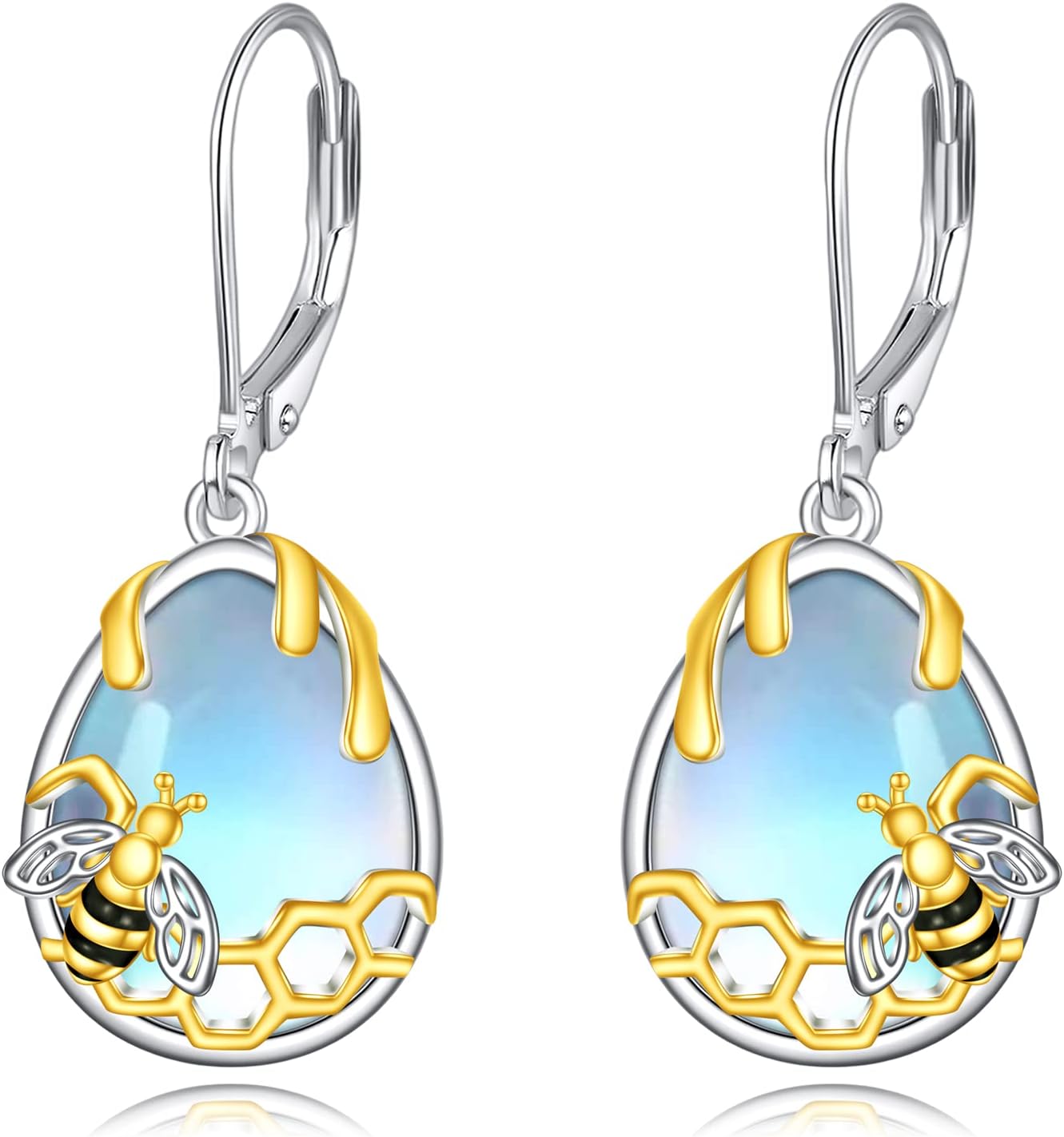 YFN Bee/Flower/Hummingbird Bird Moonstone Earrings 925 Sterling Silver Teardrop Dangle Hypoallergenic Leverback Earring for Women