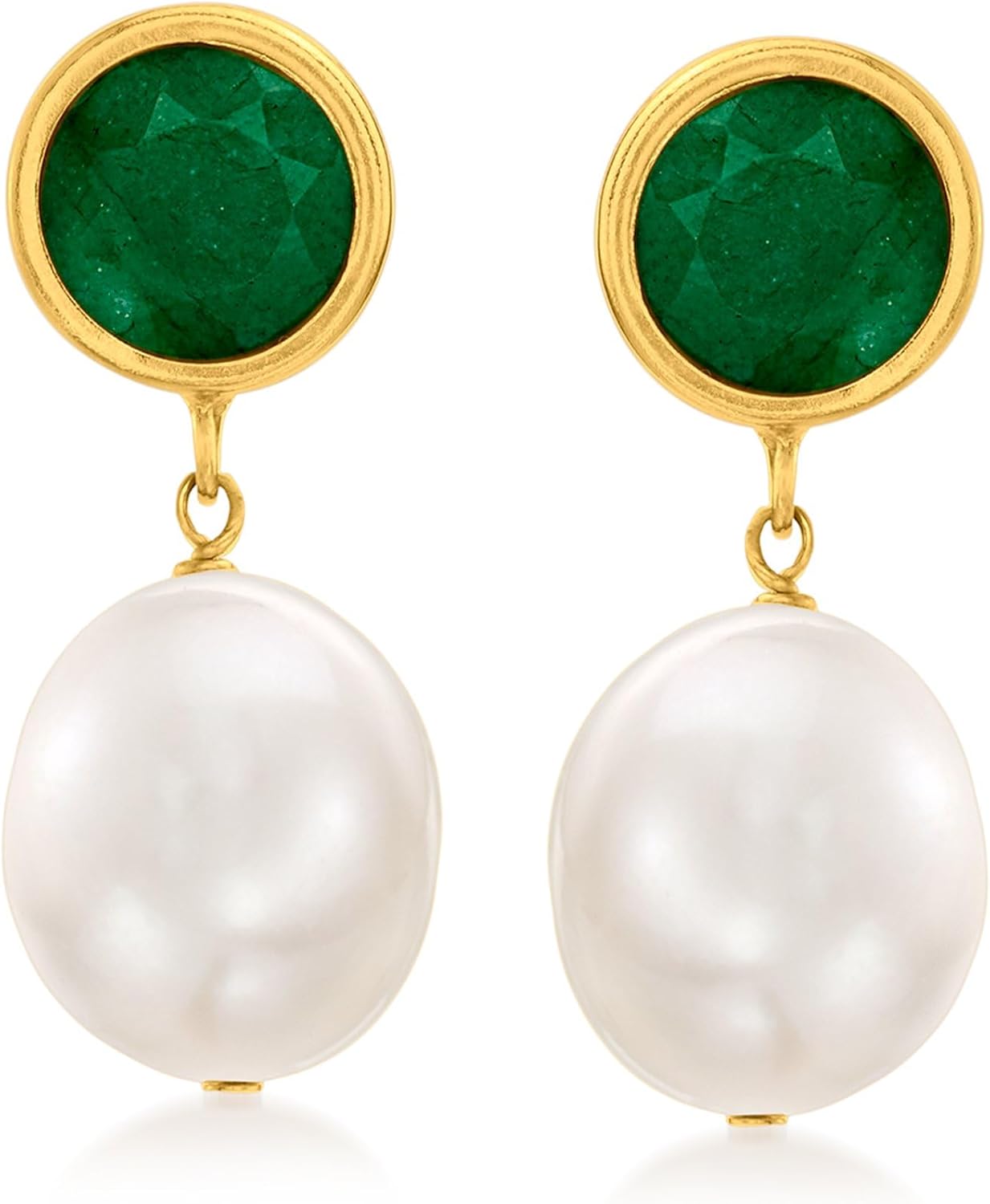 Ross-Simons 9.5-10mm Cultured Pearl and 3.50 ct. t.w. Emerald Drop Earrings in 14kt Yellow Gold