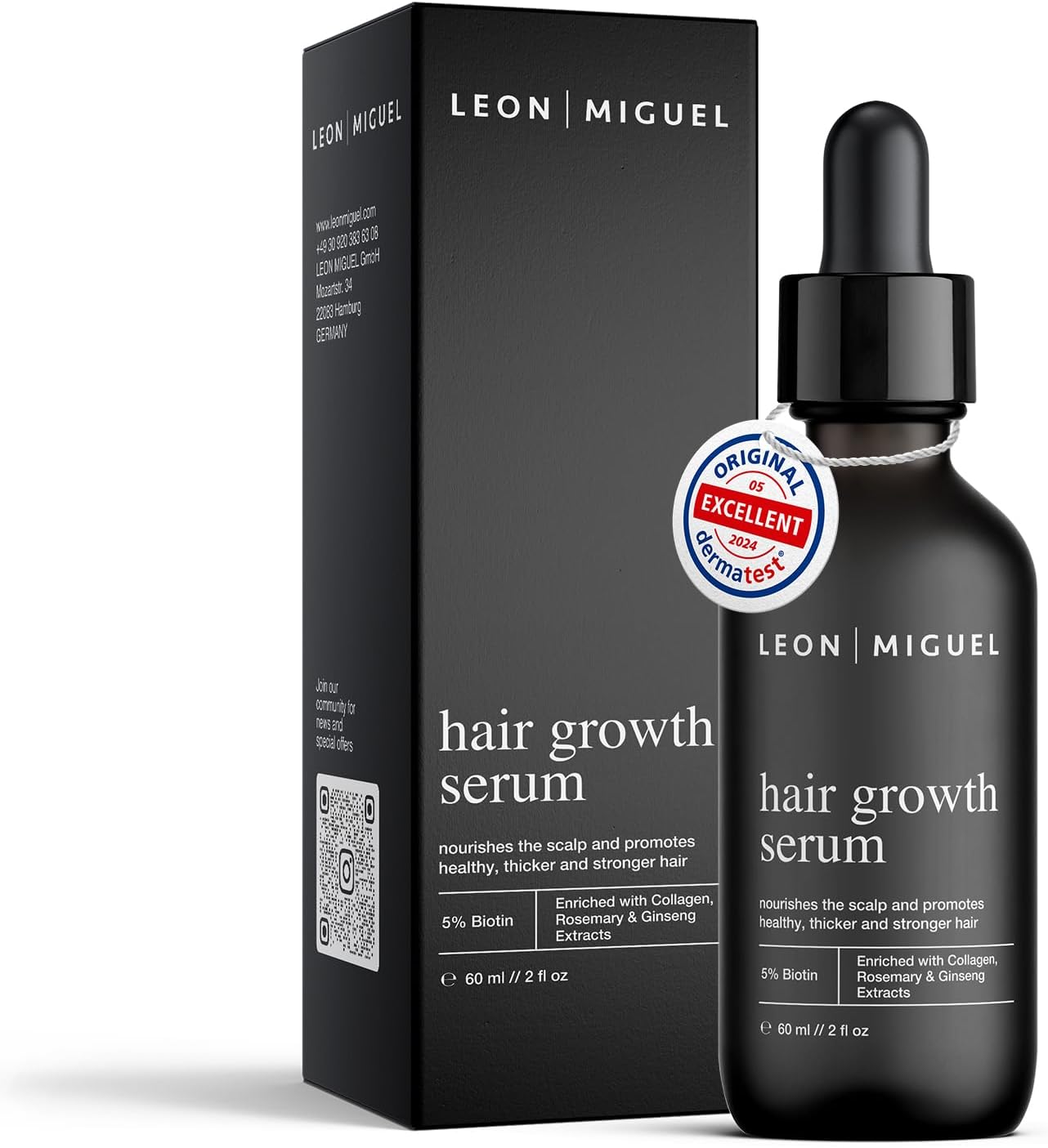 Hair Growth Serum with Biotin 5% & Ginseng - Minoxidil alternative for Faster Hair Growth, Stop Hair Loss, Stronger & Thicker Hair, Vegan & Paraben-Free, 60 ml
