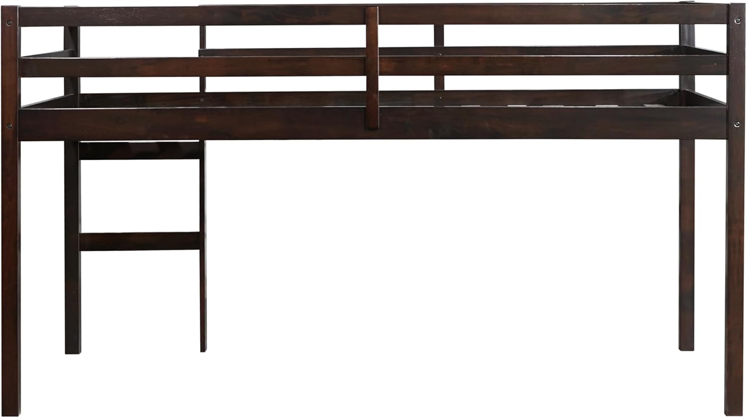 Twin Low Loft Bed with with Guardrail and Ladder for Girls,Boys - Rubberwood Frame,Espresso