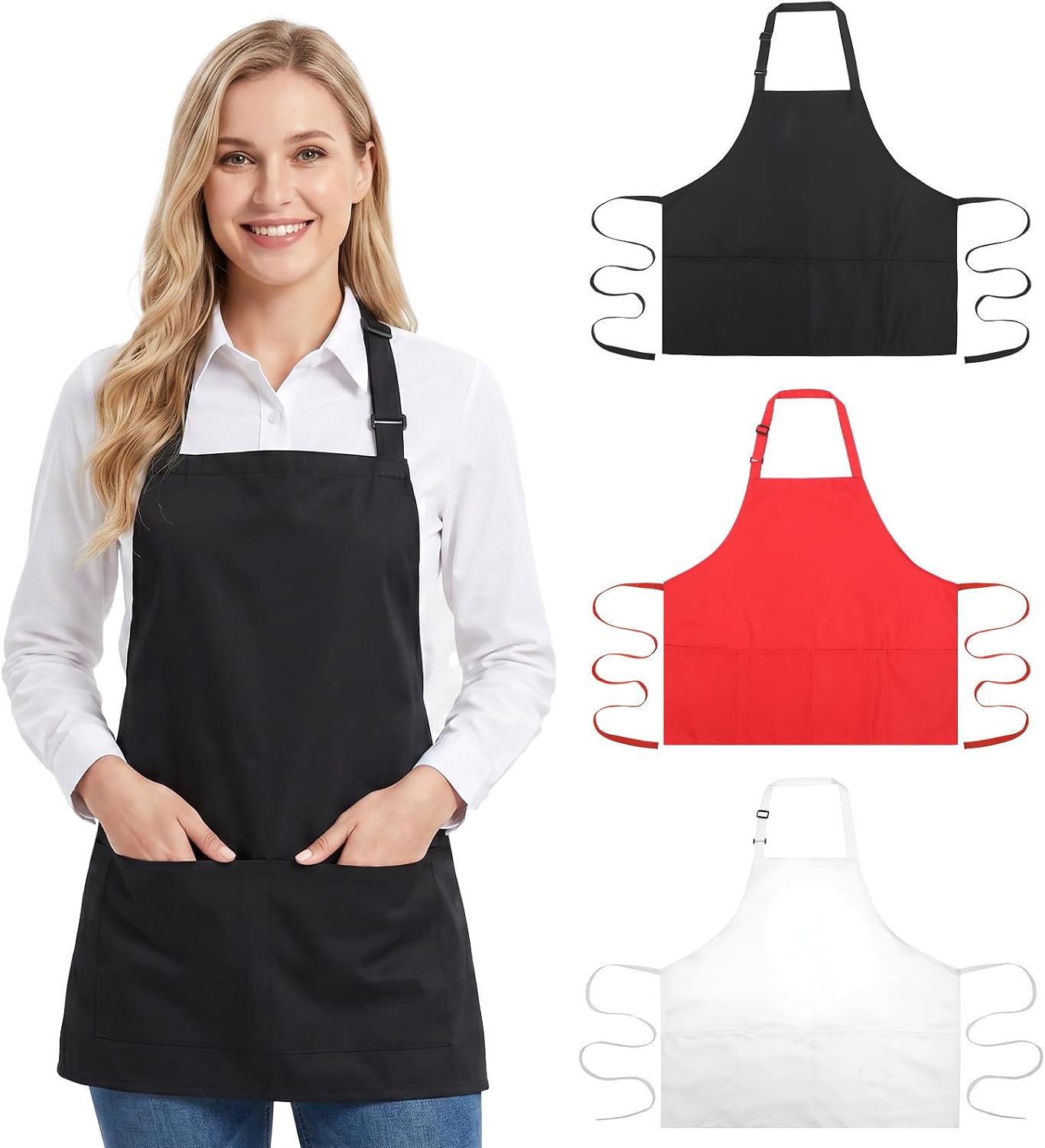 3 Pack 4 Pockets Adjustable Bib Apron Chef Kitchen Unisex for Chefs, Kitchen Cooking, and Restaurant Serving