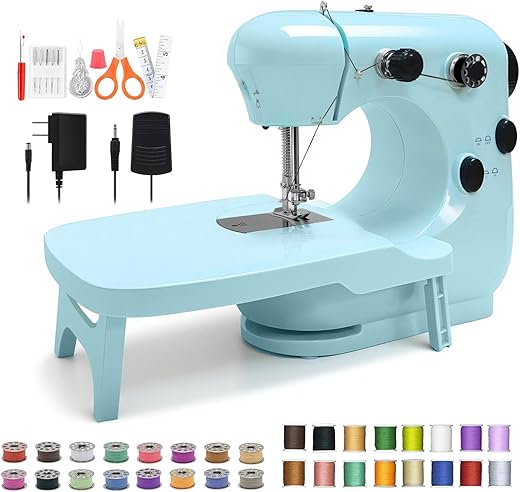 Sewing Machine - Portable Mini Design, Suitable for Beginners, Adults & Children, with Basic Sewing Kit & Dual-Speed Foot Pedal, Perfect for Home Use (Blue)