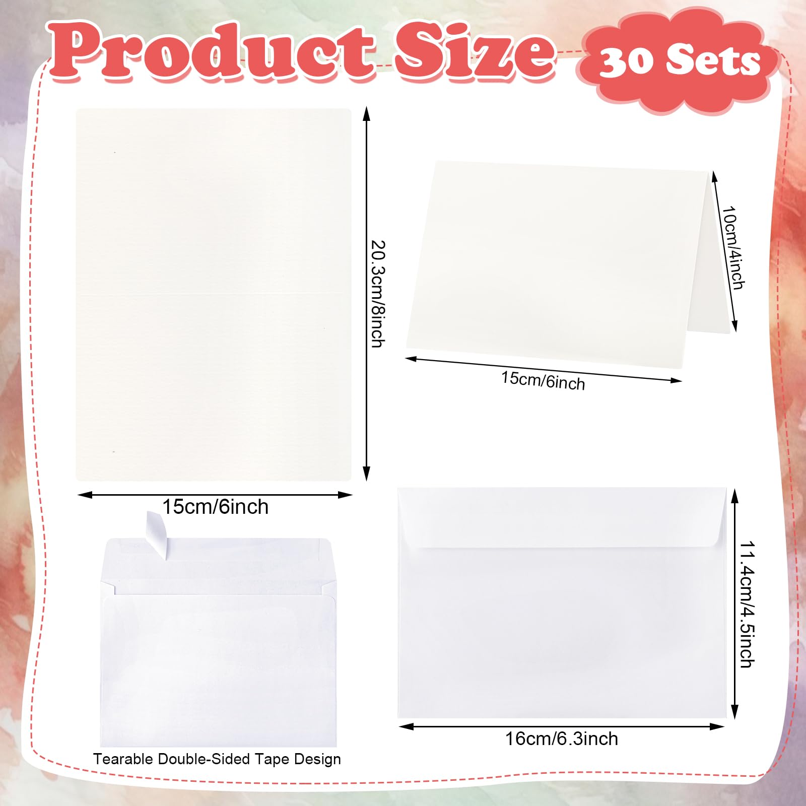 30 Sets Blank Watercolor Cards with Envelopes, 140lb/300GSM Cotton Watercolor Paper Cards, 4 x 6 in Foldable Watercolor Postcards with Envelopes for Greeting Cards Birthday Wedding Invitations