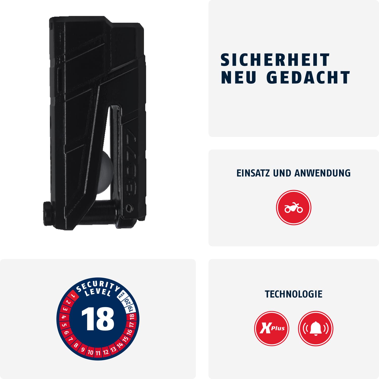 ABUS Bremsscheibenschloss Granit Detecto XPlus 8077 - Motorradschloss mit Alarm, Leuchtschlüssel und XPlus Zylinder - ABUS-Sicherheitslevel 18 - Orange