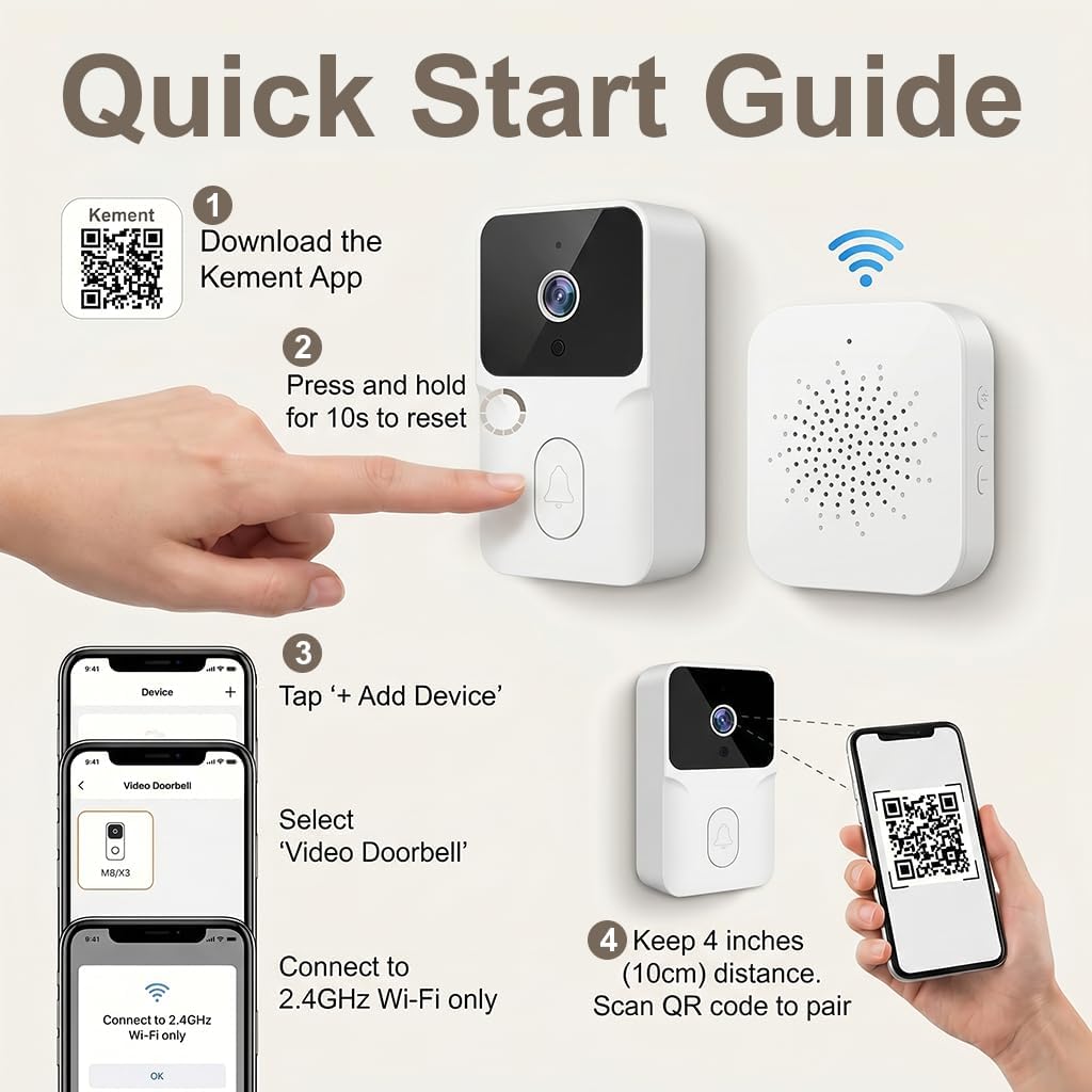 Timbre de vídeo WiFi 1080P con cámara y visión Nocturna, Audio bidireccional, instalación fácil, detección de Movimiento,Seguridad Inteligente para el hogar，Se Requiere suscripción