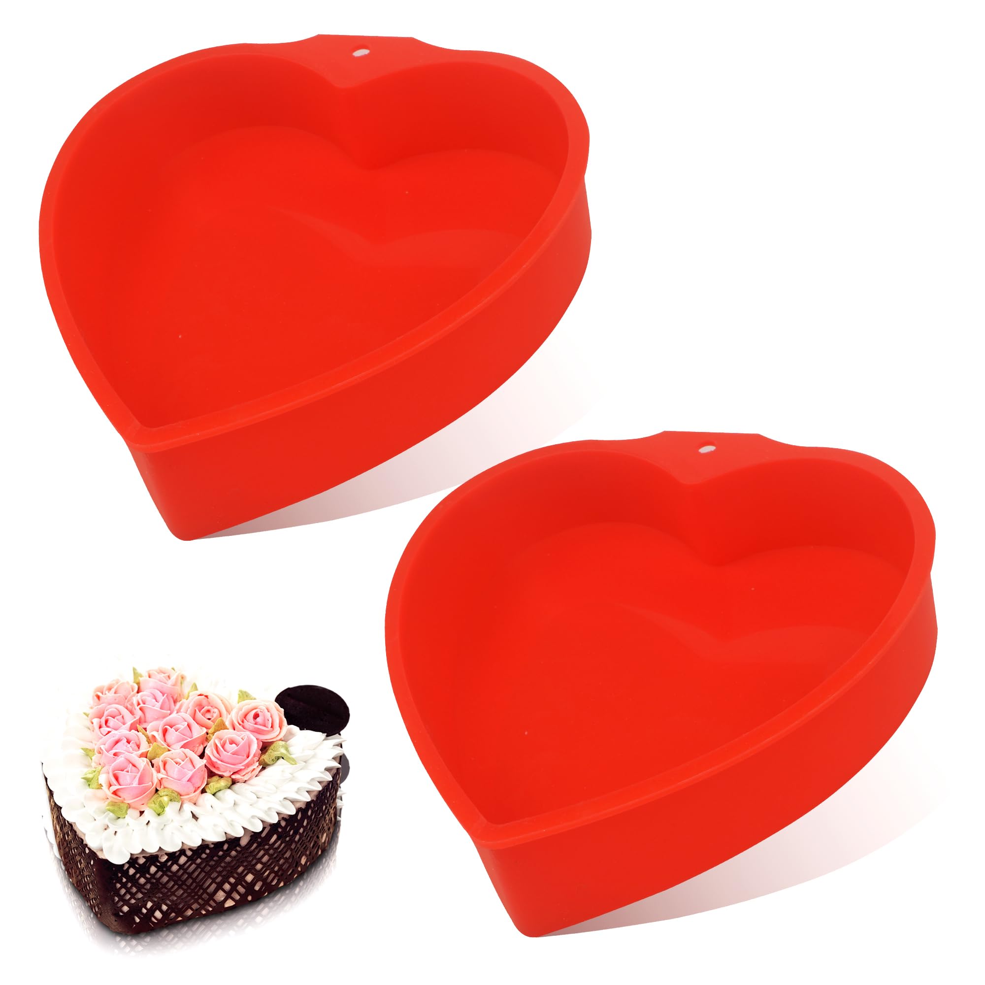 MILIVIXAY 2PCS Heart Shaped Cake Pans, 8 Inch Cake Mold, Red, Thin Style, Completely Non Stick, Food Grade Silicone, Easy To Store and Wash, Microwave