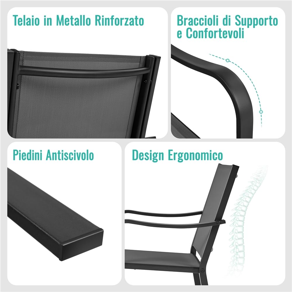 Yaheetech Set di Sedie da Esterno Impilabili con Schienale Braccioli Poltrona da Giardino in Tessuto Textilene per Terrazza Balcone Veranda Piscina Nero