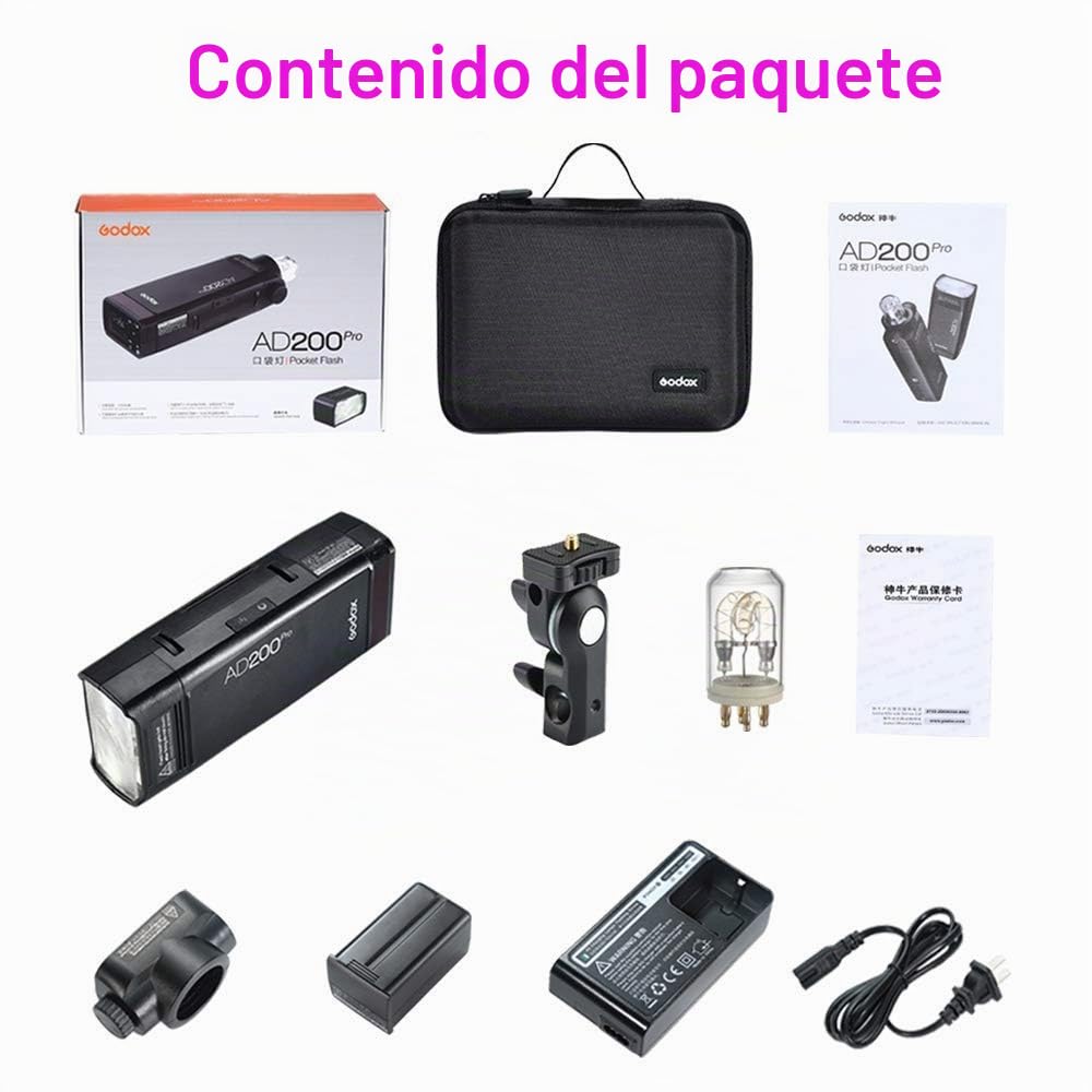 Godox AD200 Pro AD200Pro Flash Strobe, 200w 2.4G TTL 1/8000 HSS Speedlite con 2900mAh Batería de Litio, 500 Full Power Monolight，Bombilla Desnuda/Speedlite Fresnel Flash Cabeza