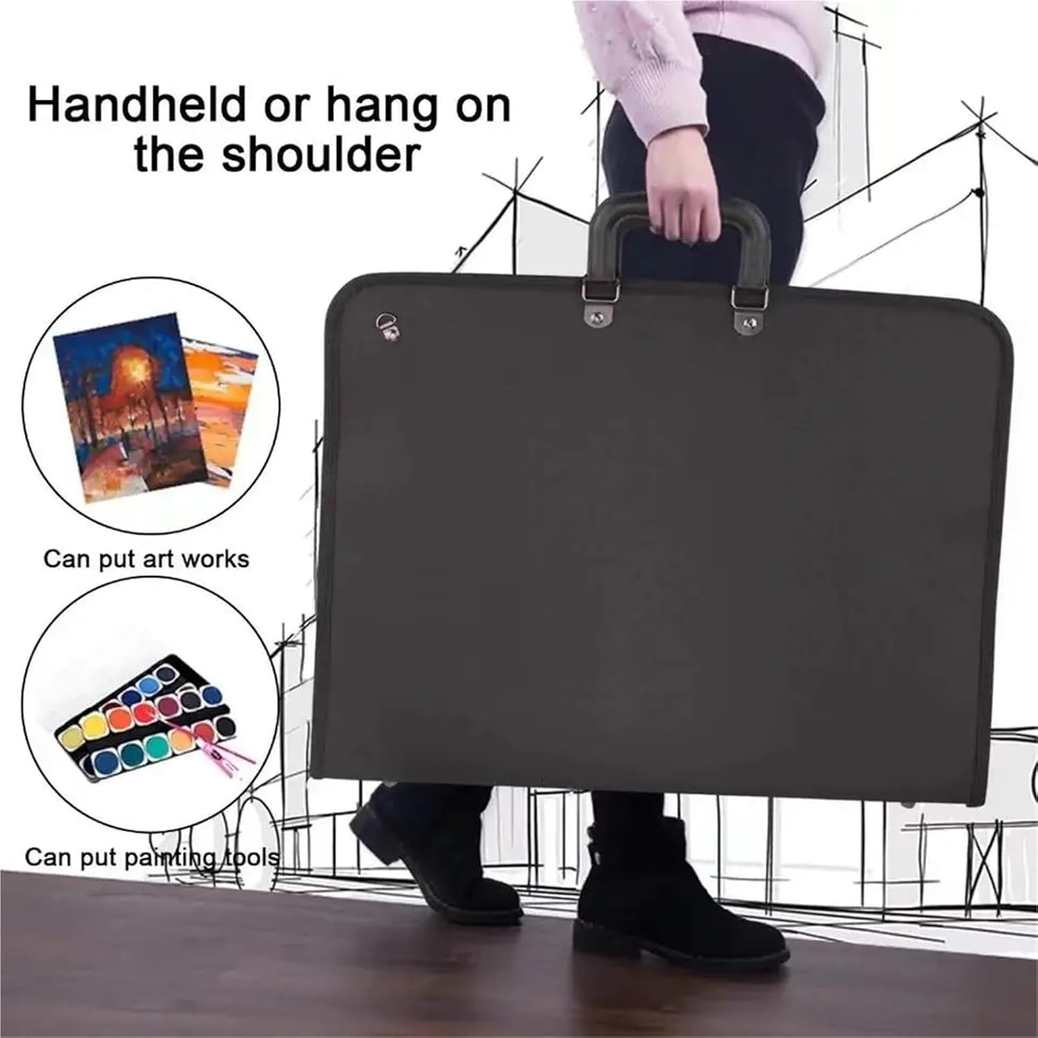Art Portfolio Bag A2 A3 Portfolio Expanding Painting Folder Bag File Organizer for Documents Carry Office Zipper Bag Stationery School Supplies for Artwork, Poster(A2 45X62CM)