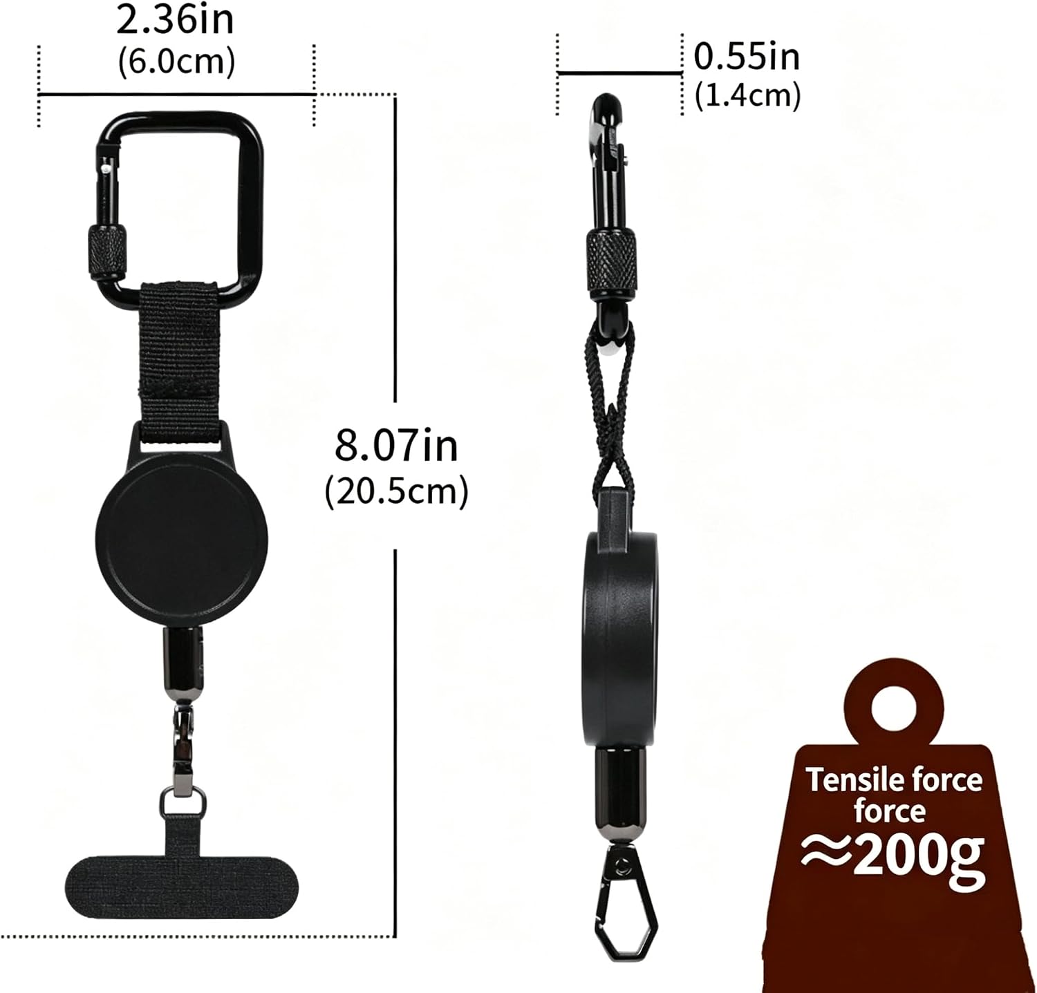 Retractable Phone Tether for Skiing, Black, 1PCS | Retractable Phone Lanyard, Outdoor Anti-Theft, Carabiner Clip, Adjustable, For Hiking and Sports