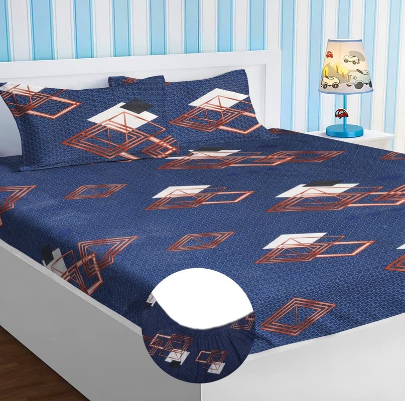 BSB Home Style Cotton Feel Glace Cotton Elastic Fitted Printed King Size Double Bed Bedsheet with 2 Pillow Cover (78"x72", Abstract -Dark Blue & White), 220 TC