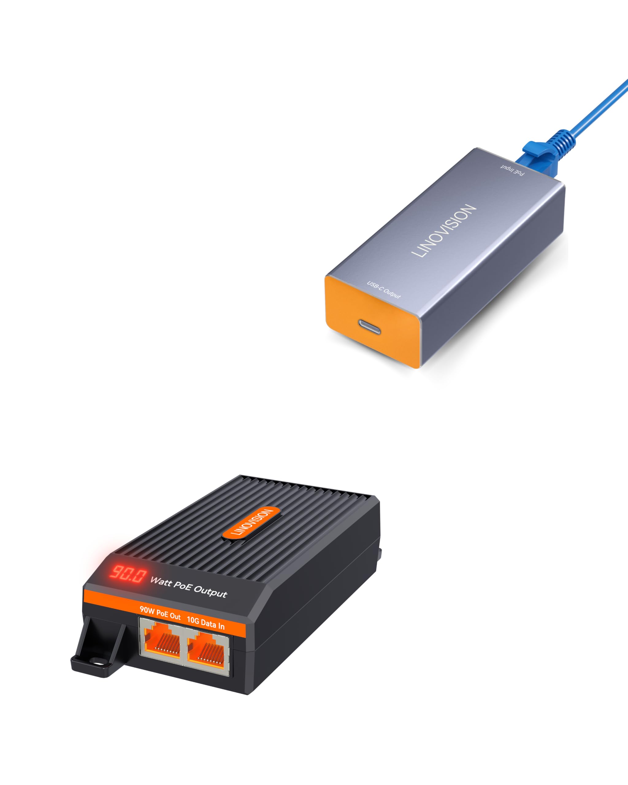 LINOVISION Injecteur PoE++ 10G BT90W et Convertisseur PoE++ 60W vers USB-C | Injecteur PoE++ 10G BT90W avec Affichage de la Puissance PoE en Temps Réel, Convertisseur 60W vers USB-C compatible Sorties