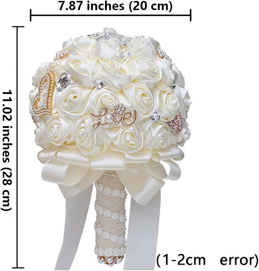 Sharebeauty 7.9 Inch Handmade Satin Rose Bridal Bouquet Toss Round Wedding Bouquet Throw Toss Artificial Flower Bunch Brown Yellow + Ivory