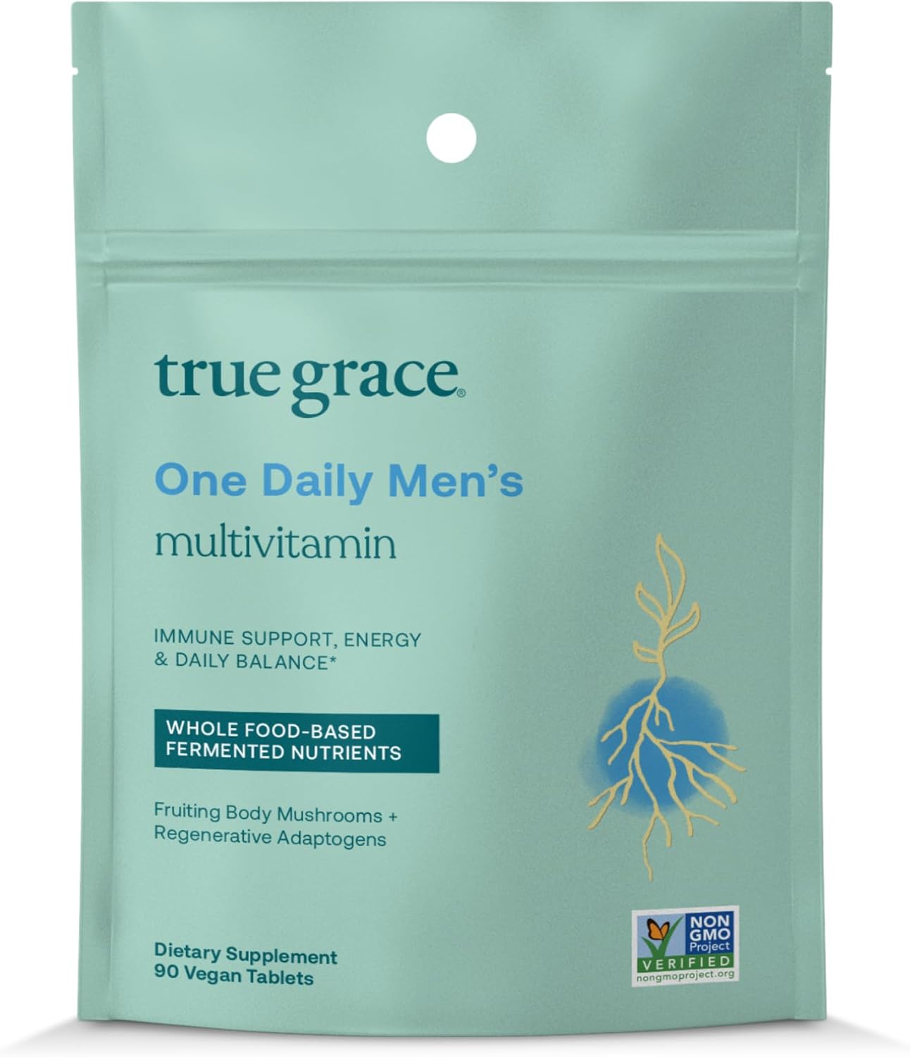 True Grace One Daily Men’s Multivitamin Fermented Minerals, Organic Adaptogens & Mushrooms Whole Body Balance Immune, Endurance, Bone & Heart Support - Non-GMO, Gluten Free - 90 Vegan Tablets