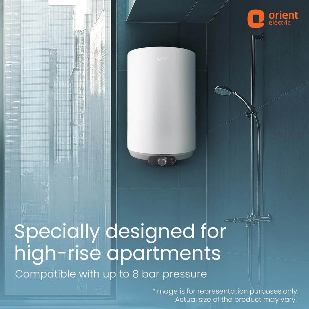 Orient Electric Aquanova Neo Water Heater installed in a high-rise apartment bathroom