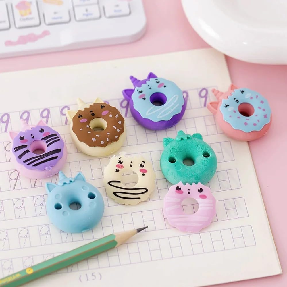 Image of Radiance Cute Donut Shape Erasers for Kids | Kawaii Cartoon Pencil Erasers for School, Drawing & Homework | Soft Non-Toxic Rubber Erasers | Birthday Return Gifts, School Supplies (Pack of 12)