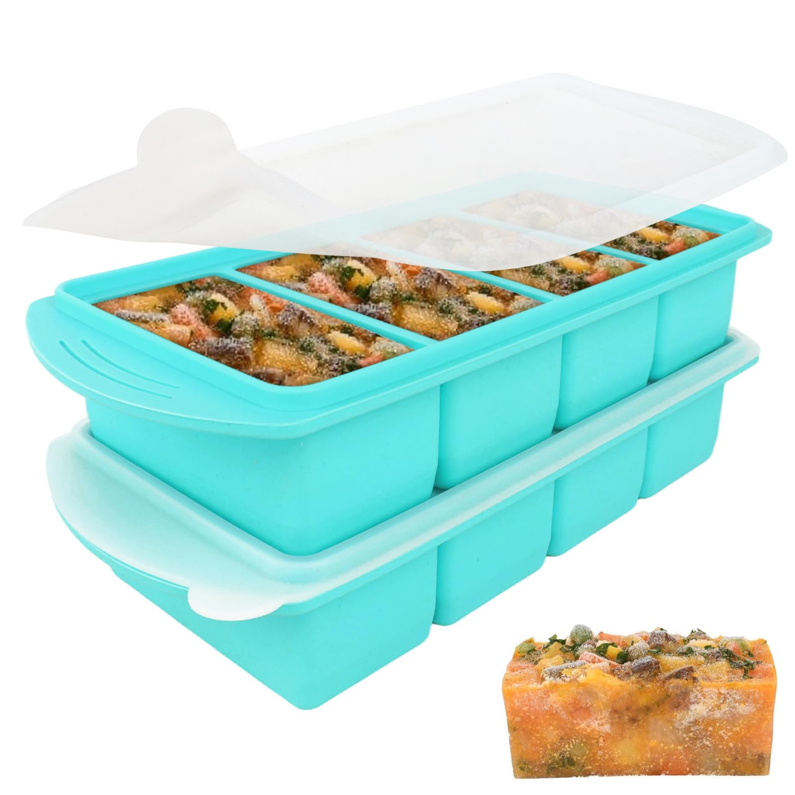 Jonuin 2 Pack Soup Cubes Silicone Freezer Tray, Soup Freezer Containers with Lid, Large 4-Compartment, Makes 8 1-Cup Portions Cubes, Silicone Freezer Moulds for Meal Prep, Soups, Sauce (Blue) — image 1