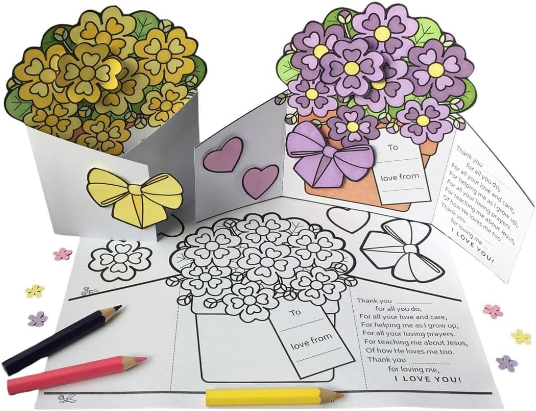 CJ&M 4 Pcs Foldable Mother's Day Coloring, Homemade Bouquet Card For Mom Grandma Teacher... Kids Home Classroom Activity, Flowers Card Mother's Day Craft Gift,Mum Keepsake Gift