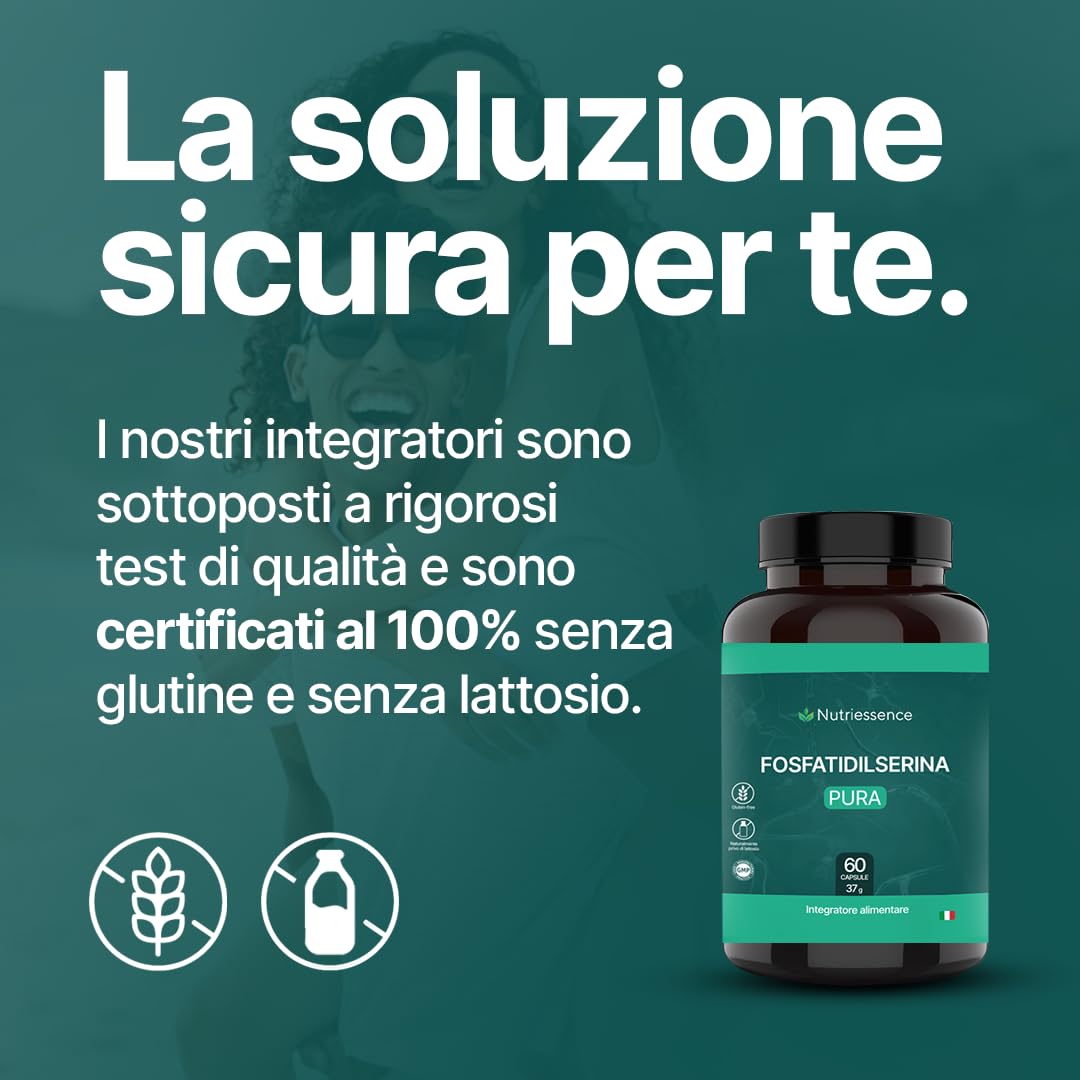 Fosfatidilserina 500 mg | Maxi Dosaggio Formato 60 Capsule | 2 Mesi di Rifornimento | Con Vitamine B1, B3, B9 e B12 | Migliora Memoria, Concentrazione e Focus Mentale |Senza Glutine e Lattosio