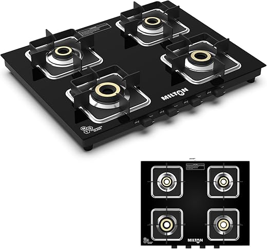 Milton Slimline 4 Burners Gas Stove | Manual Ignition | 8mm Toughened Glass Top | ISI Certified | | 360 Degree Nozzle | Modern Premium Design | 1…