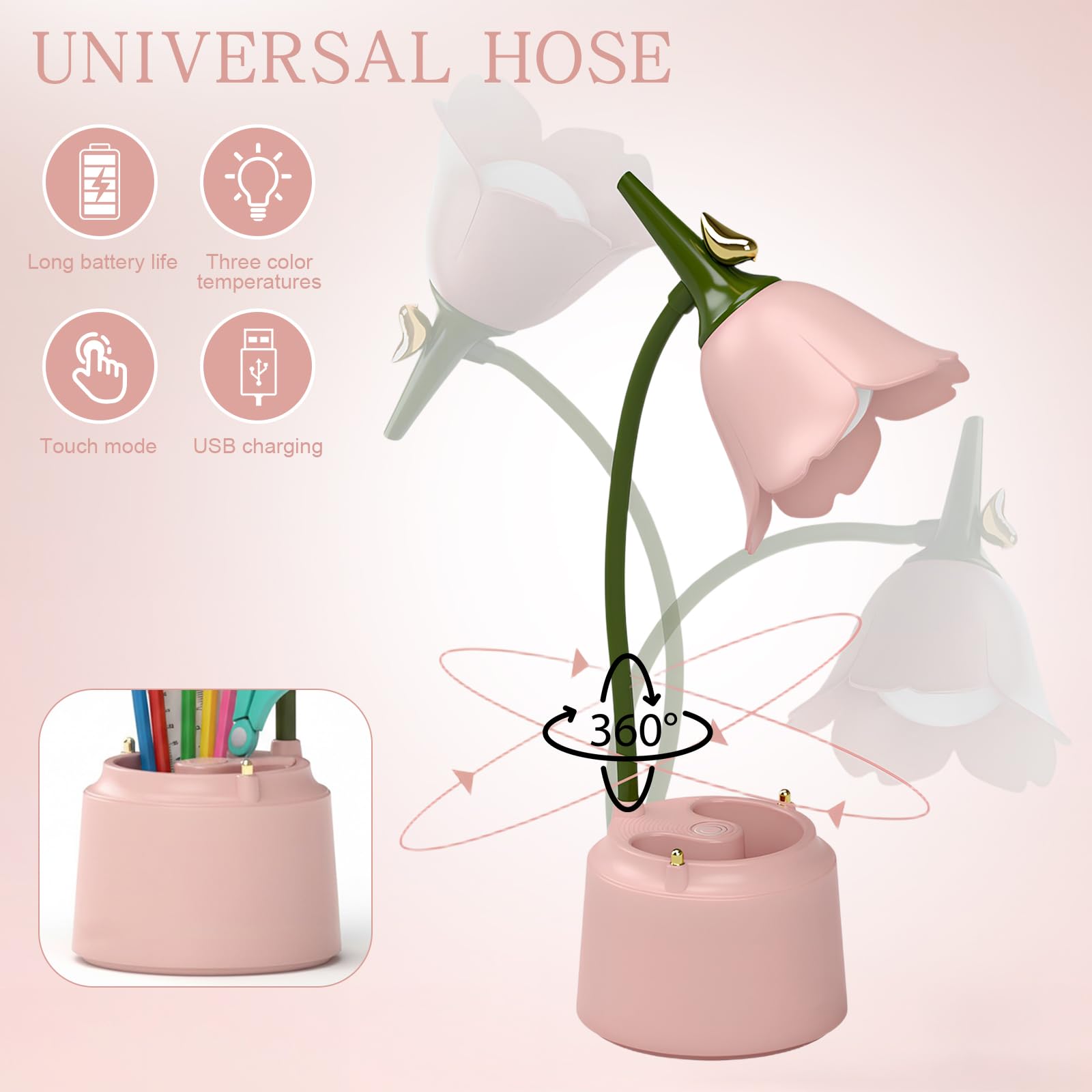 Lampe de Table D'étude Rechargeable Protection des Yeux, Tactile Lampe de Bureau à LED Portable avec Porte-stylo pour Enfants, Lampe de Chevet LED, Lampe de Lecture Dimmable,3 Modes de Couleur (Rose)