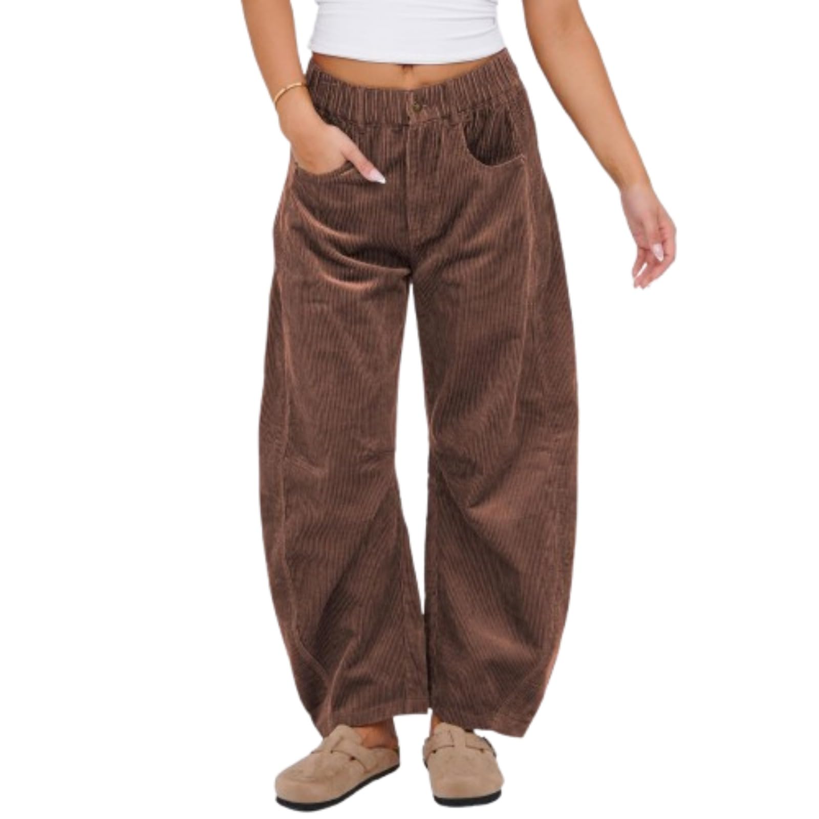 Corduroy Pants Barrel Pants Women Mid-Rise Elastic Waist Cord Pants Casual Wide Leg Baggy Trouser Vintage Jeans