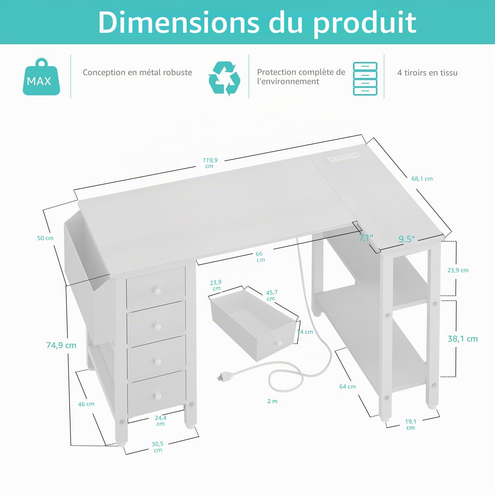 Lufeiya Bureau Angle avec 4 Tiroirs Petit Bureau Blanc avec Rangement, PC Bureau en L pour Petit Espace Fille,Ado 120X50CM (Prises Européennes)