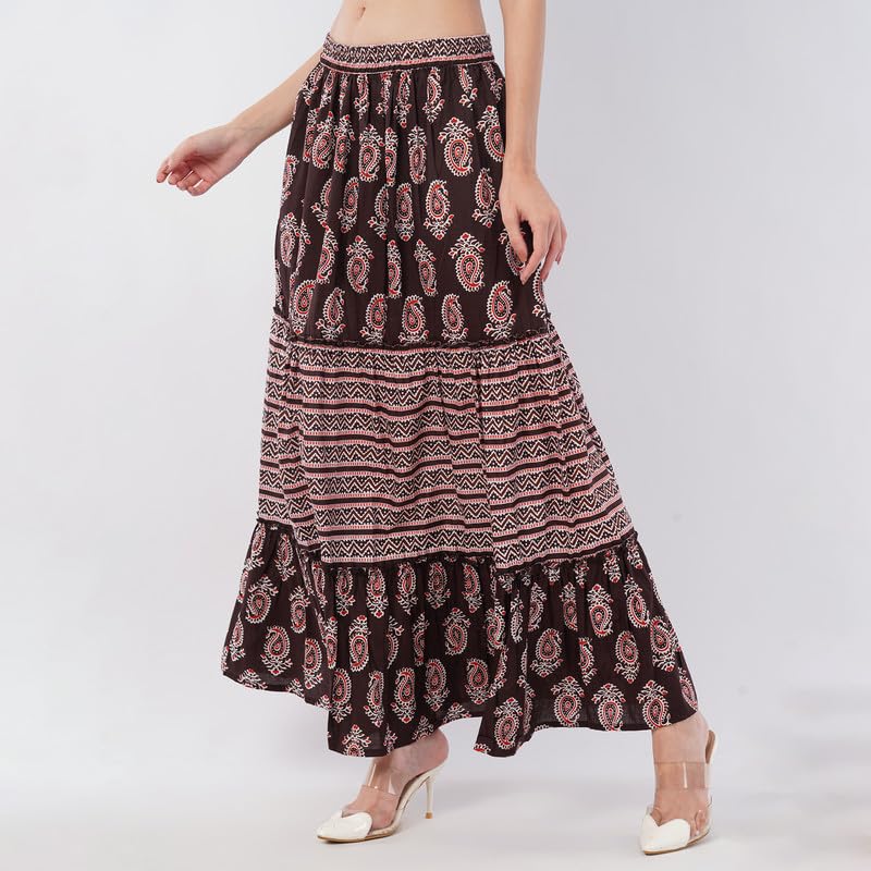 Rabhika Women’s Maroon Patterned Pure Cotton Tiered Maxi Skirt, Flowy Ethnic Long Skirt, Comfortable S 3