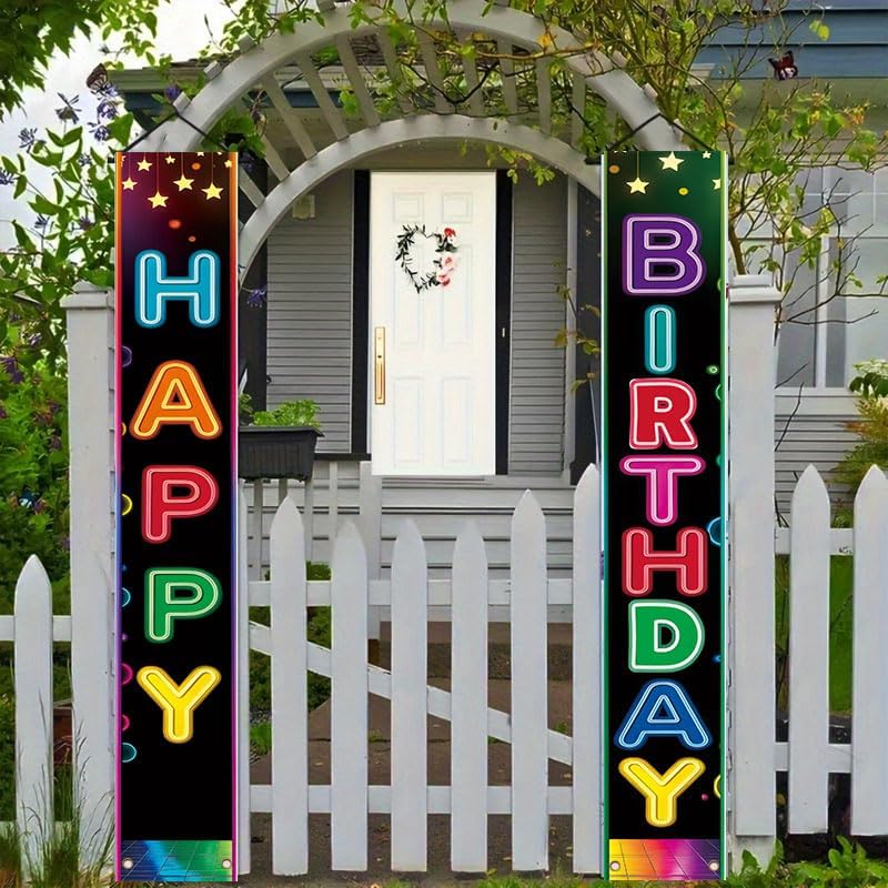 birthday party porch banner, fluorescent colorful welcome banner, porch decoration, door flag, hanging banner, party decoration, party supplies, suitable for indoor and outdoor use, width 11.81 x height 70.87 inches, one pair. image 2