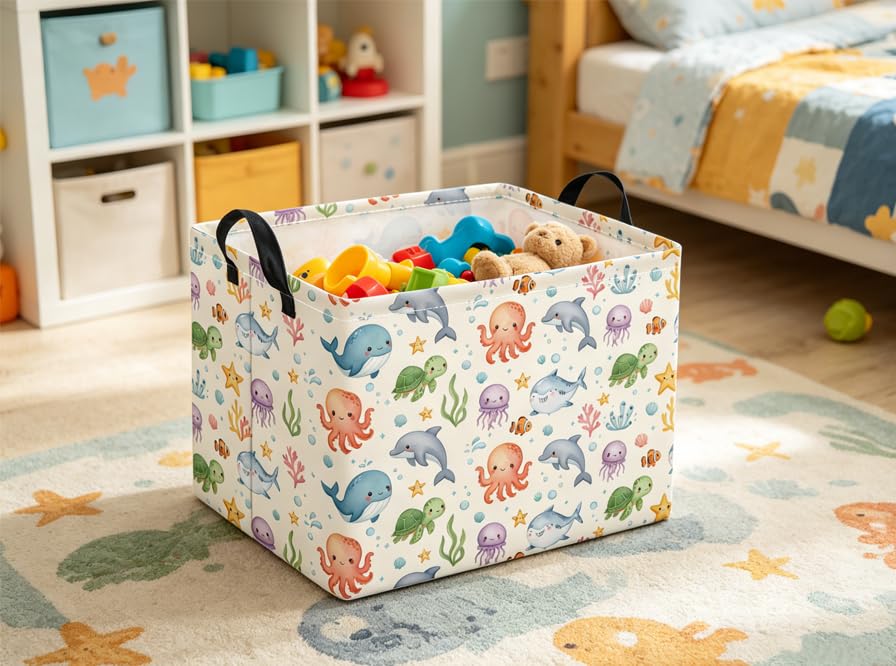 Image of Rectangular Baby Kids Storage Basket for Home Kitchen Girls Cute Toy Storage Bin Organizer Shelf Book Room Decor(Cute Ocean)