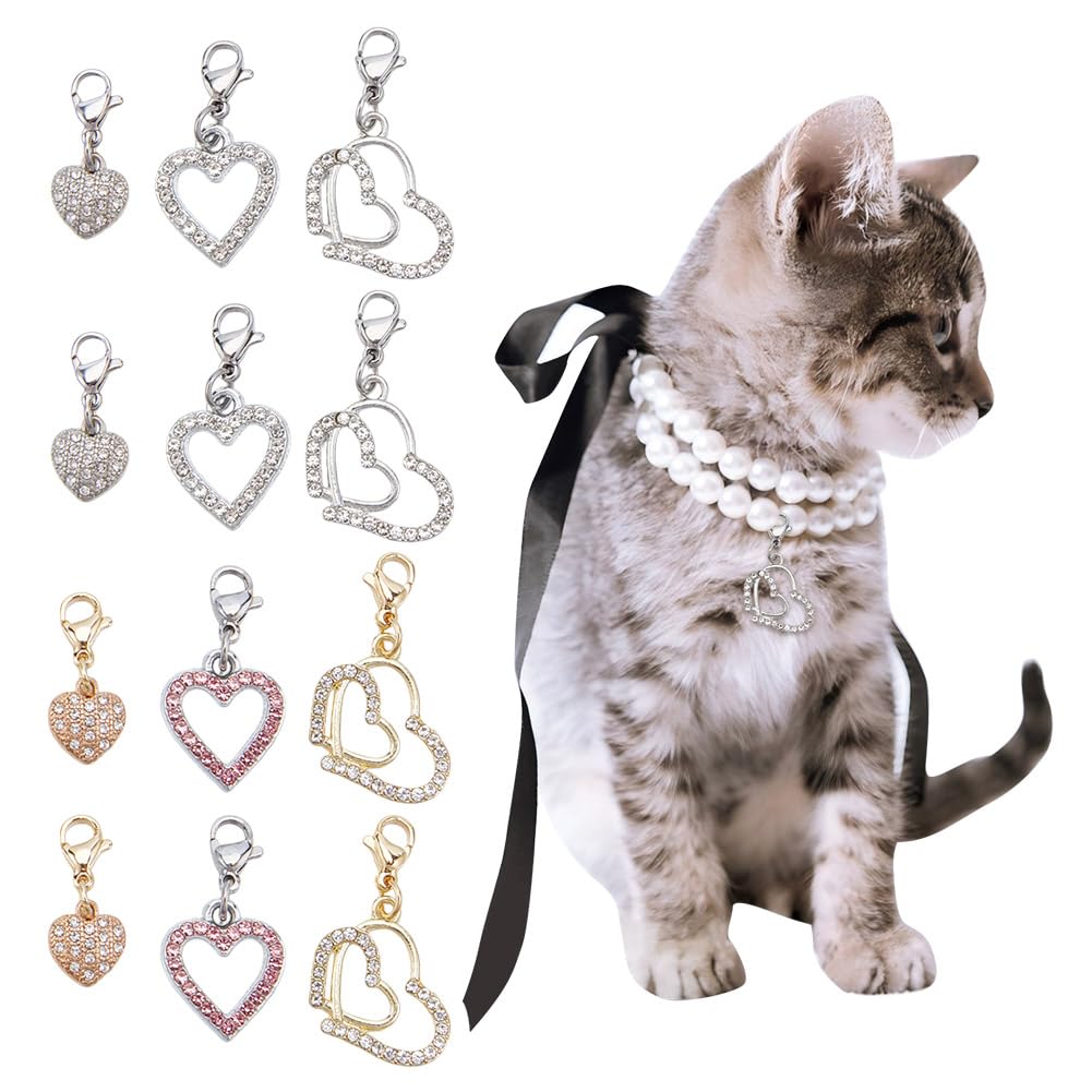 DELORIGIN 12PCS Heart Collar Charms for Pet Bling Rhinestones Cat Dog Collar Charms 6 Styles Brass Clip-On Pendants for Pets Collars Necklace Decoration Accessories Bag Decor Keychain Jewelry Making